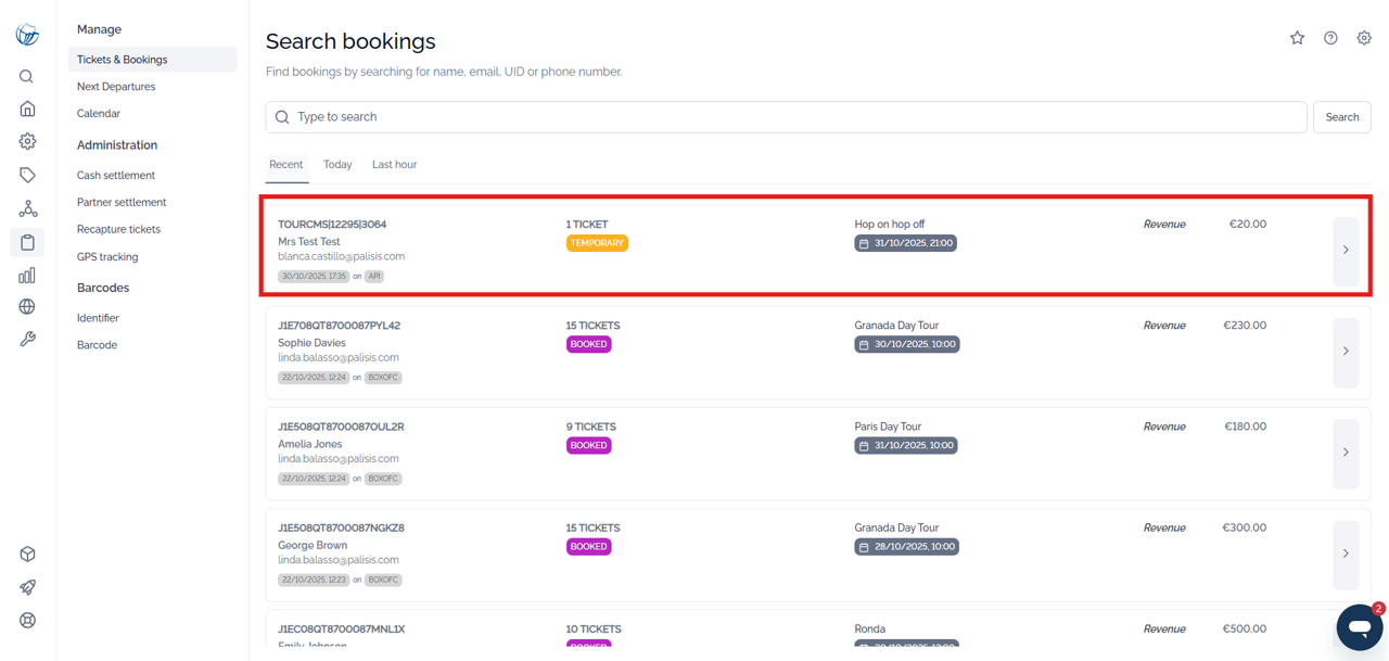 Booking list page
